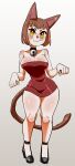 absurd_res animal_humanoid biped breasts brown_hair cat_humanoid cleavage clothed clothing dress felid felid_humanoid feline feline_humanoid female figners footwear hair hi_res high_heels humanoid mammal mammal_humanoid nuclearwasabi pupils simple_background smile solo thick_thighs white_background wide_hips