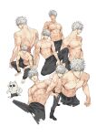  1boy abs animalization back belt black_belt black_footwear black_pants blue_eyes cat commentary_request gojou_satoru highres jujutsu_kaisen looking_at_viewer male_focus muscular muscular_male pants pectorals satsuki_g short_hair sitting skin_tight solo standing sunglasses tongue upper_body white_background white_hair 