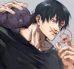  1boy black_hair black_shirt blood blood_on_face collarbone fushiguro_touji grey_eyes highres jujutsu_kaisen lailu male_focus monster muscular muscular_male nosebleed portrait shirt short_hair solo tongue 