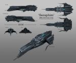  3d cannon commentary concept_art destroyer_(eve_online) eve_online glowing grey_background highres lobaud military_vehicle multiple_views no_humans original outer_ring_excavations_(eve_online) reference_sheet science_fiction spacecraft thrusters turret vehicle_focus 