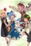  4girls animal_ears antennae ascot bird_ears black_skirt black_socks black_vest blonde_hair blue_bow blue_dress blue_eyes blue_hair blue_shorts bow brown_dress brown_headwear buttons cirno closed_eyes closed_mouth collared_shirt commentary_request dress frilled_shirt frilled_shorts frills green_eyes green_hair hair_ribbon highres juliet_sleeves long_sleeves looking_at_another marker_(medium) mary_janes multiple_girls mystia_lorelei open_mouth outstretched_arms pinafore_dress puffy_short_sleeves puffy_sleeves purple_ascot purple_hair red_ascot red_eyes red_ribbon ribbon rumia running scan shiratama_(hockey) shirt shoes short_hair short_sleeves shorts skirt sleeve_garter sleeveless sleeveless_dress socks team_9 touhou traditional_media vest white_shirt white_socks winged_hat wriggle_nightbug 