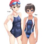  2girls absurdres black_hair black_one-piece_swimsuit blue_eyes blue_one-piece_swimsuit brown_eyes cameltoe collarbone commentary_request competition_school_swimsuit competition_swimsuit covered_navel feet_out_of_frame flat_chest goggles goggles_on_head hand_on_own_hip highres long_hair multicolored_clothes multicolored_swimsuit multiple_girls one-piece_swimsuit open_mouth original red_headwear round_teeth school_swimsuit short_hair simple_background smile standing starting_block striped striped_one-piece_swimsuit swim_cap swimsuit takafumi teeth tomboy upper_teeth_only variant_set vertical-striped_one-piece_swimsuit vertical_stripes white_background 