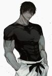  1boy black_hair covered_abs fushiguro_touji gnb01 greyscale hands_in_pockets highres jujutsu_kaisen looking_at_viewer male_focus monochrome muscular muscular_male scar scar_on_face scar_on_mouth short_hair short_sleeves skin_tight solo 