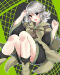  1girl :d arms_up ascot black_shirt black_shorts black_socks breasts brown_ascot coat commentary_request genderswap genderswap_(otf) grey_eyes grey_hair highres houlen_yabusame invisible_chair len&#039;en long_sleeves medium_breasts medium_hair open_mouth ougi_hina shirt shorts sitting smile socks solo yellow_coat yellow_footwear 