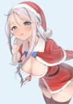  1girl :q black_thighhighs blue_bow blue_eyes blush bow braid breasts capelet christmas cleavage dress fur_trim grey_hair hat holding holding_sack kantai_collection leaning_forward long_hair looking_at_viewer medium_breasts red_dress sack sakieko santa_costume santa_hat short_dress simple_background single_braid solo thighhighs tongue tongue_out umikaze_(kancolle) 