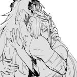  2girls arknights closed_eyes crying dlanon dragon_girl dragon_horns greyscale horns hug long_hair long_sleeves mole mole_under_eye monochrome muelsyse_(arknights) multiple_girls pointy_ears saria_(arknights) simple_background tears twitter_username upper_body very_long_hair white_background 
