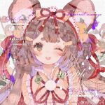  1girl animal_ear_fluff animal_ears benyue_xiao_kui bow brown_hair chinese_commentary clover collar commentary_request eyelashes eyeshadow food food-themed_hair_ornament four-leaf_clover frilled_collar frills fruit green_eyes hair_bow hair_ornament hair_ribbon hairband high_collar highres lace-trimmed_hairband lace_trim leaf light_blush long_hair makeup mouse_ears mouse_girl multiple_hair_bows neck_ribbon one_eye_closed open_mouth orange_(fruit) orange_hair_ornament orange_slice original pink_eyeshadow pom_pom_(clothes) red_bow red_hairband red_ribbon red_sleeves ribbon sample_watermark smile solo straight-on tassel tassel_hair_ornament teeth upper_body upper_teeth_only watermark weibo_logo weibo_username white_background white_collar yellow_bow 