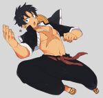  1boy akr29 bare_pectorals belt black_eyes black_hair black_jacket black_pants chinese_clothes cropped_jacket full_body grey_background hat hat_on_back highres jacket jumping looking_ahead male_focus martial_arts martial_arts_belt monkey_d._luffy navel nipples one_piece open_clothes open_mouth pants pectorals red_belt sandals scar scar_on_cheek scar_on_chest scar_on_face short_hair simple_background solo straw_hat toned toned_male 