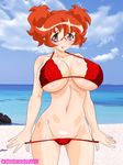  1girl beach bikini brabustersystem breasts glasses huge_breasts magutan nana_verochinski original pink_eyes red_hair short_hair solo swimsuit 