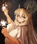  1girl absurdres barghest_(fate) blonde_hair breasts fate/grand_order fate_(series) fireworks green_eyes highres huge_breasts long_hair looking_at_viewer night night_sky obazzotto shirt short_sleeves sky smile solo sparkler white_shirt 
