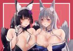  2girls absurdres animal_ear_fluff animal_ears asymmetrical_docking azur_lane bare_shoulders between_breasts black_hair black_kimono black_tail breast_press breasts facial_mark flower folding_fan fox_ears fox_tail gloves grey_hair grey_tail hair_flower hair_ornament hand_fan highres huge_breasts japanese_clothes kimono kitsune kyuubi maid maid_headdress multiple_girls multiple_tails musashi_(azur_lane) musashi_(violet_moonglow)_(azur_lane) noyuki_(3702) official_alternate_costume purple_eyes purple_flower red_background shinano_(azur_lane) siblings sisters tail upper_body wa_maid whisker_markings white_gloves yellow_eyes 