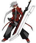  alternate_color black_pants blazblue cosplay dokkanohukukaityou guilty_gear highres huge_weapon left-handed male_focus pants ragna_the_bloodedge ragna_the_bloodedge_(cosplay) sol_badguy solo sword weapon 
