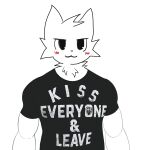 anthro blush blush_lines boy_kisser_(meme) canid canine clothing half-length_portrait hi_res looking_at_viewer male mammal meme meme_clothing muscular muscular_anthro muscular_male portrait shirt simple_background smug smug_face solo sunstripe t-shirt tagme topwear white_background