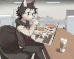book canid clothed clothing coffee_cup computer container cup detailed_background digital_media_(artwork) drinking electronics eyewear fully_clothed hi_res laptop male mammal monocle office sitting solo unknown_artist