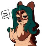 1:1 alpha_channel anthro blush breasts brown_body dialogue english_text featureless_breasts female hair long_hair looking_at_viewer mammal multicolored_hair nude red_eyes simple_background solo speech_bubble text transparent_background two_tone_hair unknown_species wintergreene