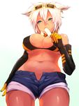  animal_ears aqua_eyes bad_id bad_pixiv_id bare_shoulders belly bikini_top breasts cat_ears dark_skin denim denim_shorts elbow_gloves eyewear_on_head food food_in_mouth from_below gloves kaiten_muten-maru large_breasts navel popsicle settyaro shamu_meruruusa short_hair short_shorts shorts solo sunglasses tan white_hair 