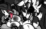 anthro big_breasts bodily_fluids breasts cum cum_inside dark_room female generation_7_pokemon generation_8_pokemon genital_fluids grabbing grey_body lycanroc male male/female midnight_lycanroc moan moon night nintendo obstagoon penetration pokemon pokemon_(species) roder_vasquez vaginal vaginal_penetration