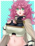  1girl :d black_gloves cape commentary_request crop_top fingerless_gloves gloves green_eyes grey_cape hair_between_eyes hand_on_own_chest hazuki_(nyorosuke) highres long_hair long_sleeves looking_at_viewer mamayuyu messy_hair midriff navel open_mouth pink_hair smile solo stomach sweat upper_body wool_pool_elysia 