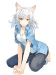  animal_ears bakemonogatari barefoot black_hanekawa breasts casual cat_ears cleavage denim eyebrows_visible_through_hair fang full_body hanekawa_tsubasa jeans long_hair looking_at_viewer medium_breasts miz monogatari_(series) pants raised_eyebrow silver_hair simple_background smile solo white_background yellow_eyes 