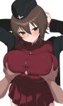  1girl alternate_breast_size arms_behind_head black_headwear black_jacket blush breasts brown_eyes brown_hair button_gap cleavage closed_mouth collared_shirt commentary dark_skin girls_und_panzer grabbing grabbing_another&#039;s_breast highres huge_breasts jacket long_sleeves looking_at_viewer nishizumi_maho open_clothes open_jacket pleated_skirt red_shirt red_skirt shirt simple_background skirt solo white_background yabai_gorilla 