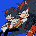  2boys animal_ears animal_nose black_jacket blue_background burger commentary diamondx1704 dual_persona eating english_commentary food furry furry_male gloves highres holding holding_food jacket looking_at_viewer male_focus multiple_boys open_clothes open_jacket red_eyes red_jacket shadow_the_hedgehog simple_background sitting sonic_(series) sonic_boom_(series) sonic_prime tail teeth white_gloves 