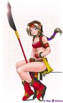  1girl armlet artist_name bare_legs boots breasts brown_eyes brown_hair character_name cleavage earrings fingerless_gloves gloves headband jewelry lens_flare long_hair looking_at_viewer maki_michaux midriff naginata polearm ponytail seong_mi-na sitting smile solo soul_calibur soulcalibur_ii thighs weapon 