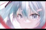  1girl absurdres aqua_eyes aqua_hair blurry blurry_foreground close-up commentary english_commentary eyelashes hair_ornament hatsune_miku highres letterboxed long_hair looking_at_viewer lxc open_mouth simple_background solo twintails vocaloid white_background 