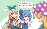  3girls :d :p black_gloves blonde_hair blue_bow blue_eyes blue_hair bow bow_hairband brown_eyes cirno clownpiece commentary crossover duplicate english_commentary english_text eyelid_pull gloves green_background green_bow hair_bow hairband hat highres i&#039;m_pomu_(phrase) jester_cap long_hair multiple_girls neck_ruff nijisanji nijisanji_en pointy_ears pomu_rainpuff pomu_rainpuff_(1st_costume) shirt short_hair smile speech_bubble tongue tongue_out touhou white_shirt wool_(miwol) 