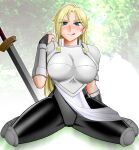  1girl armor bad_source black_pantyhose blonde_hair blue_eyes blush breastplate breasts bridal_gauntlets curvy elbow_gloves forest gloves janne_d&#039;arc large_breasts light_smile long_hair looking_at_viewer mokkouyou_bond nature pantyhose pauldrons shoulder_armor sitting snk spread_legs sweat sword thighhighs tongue tongue_out weapon world_heroes 