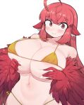  1girl :&gt; ahoge animal_ears bikini bird_ears blush borrowed_character breasts brown_eyes coco_(eogks) commentary covered_nipples crossed_bangs feathers hair_between_eyes harpy highres huge_breasts long_hair monster_girl navel nyong_nyong original red_feathers red_hair red_wings sidelocks simple_background solo swimsuit symbol-only_commentary white_background winged_arms wings yellow_bikini 