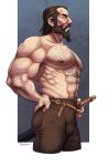  1boy abs armpit_hair armpit_hair_peek ass bara beard blackwall brown_hair bulge cropped_legs cross-laced_clothes cross-laced_legwear dragon_age dragon_age:_inquisition facial_hair fighting_stance from_side full_beard hairy highres large_pectorals leather leather_pants long_mustache looking_ahead male_focus mature_male midoo_(scarecrow-forest) muscular muscular_male navel navel_hair nipples obliques old old_man pants pectorals profile ready_to_draw receding_hairline scar short_hair solo stomach thick_arm_hair thick_beard thick_chest_hair thick_mustache thick_navel_hair thighs topless_male very_hairy wrinkled_skin 