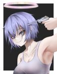  1girl absurdres arknights armpits bare_shoulders blue_hair breasts cleavage collarbone commentary_request grey_eyes grin gun gun_to_head halo handgun highres holding holding_gun holding_weapon kafu_(kafu6416) looking_at_viewer short_hair smile solo sports_bra spuria_(arknights) uneven_eyes upper_body weapon 