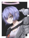  1girl absurdres arknights blue_hair breasts cleavage commentary_request gloves grey_eyes grey_gloves grey_jacket grin gun gun_to_head halo handgun highres holding holding_gun holding_weapon jacket kafu_(kafu6416) looking_at_viewer short_hair smile solo sports_bra spuria_(arknights) uneven_eyes upper_body weapon 