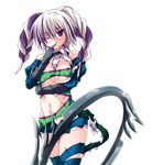  1girl bare_shoulders blade braid breasts finger_to_mouth mole multicolored_hair navel purple_eyes purple_hair solo soul_calibur soulcalibur_v standing takayuuki tira tira_(soulcalibur) twin_braids underboob weapon white_background white_hair wink 