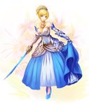  armor armored_dress bare_shoulders blonde_hair blue_dress blue_eyes blue_footwear breasts cleavage crossed_legs dress floral_background flower full_body gown hair_ornament hair_up jewelry large_breasts necklace original parted_lips shoes short_hair solo standing strapless strapless_dress sword weapon wolfedge 