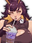  ! 1girl black_hair blonde_hair breasts cleavage_cutout clothing_cutout cup demon_girl disposable_cup drinking_straw drinking_straw_in_mouth fingerless_gloves fingernails gloves grimace_shake_(meme) highres holding holding_cup horns huge_breasts long_hair meme milkshake multicolored_hair original skullworms solo two-tone_hair violet_(skullworms) yellow_eyes 