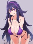  1girl :d ahoge bikini breasts cleavage commentary_request cowboy_shot grey_background hair_between_eyes hairband hanging_breasts hex_maniac_(pokemon) highres kamidan large_breasts leaning_forward long_hair nervous_smile pokemon pokemon_xy purple_bikini purple_eyes simple_background smile solo swimsuit very_long_hair 