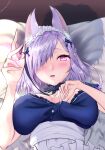  1girl absurdres animal_ear_fluff animal_ears blush bow breasts clothes_pull extra_ears fox_ears fox_girl from_above hair_bow hair_ornament hair_over_one_eye heart heart-shaped_pupils highres holding indie_virtual_youtuber kamishiro_natsume kitsune large_breasts looking_at_viewer lying maid maid_headdress medium_hair mi_ka_n_73 on_back open_mouth pillow purple_hair purple_nails red_eyes solo symbol-shaped_pupils upper_body virtual_youtuber 