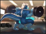 anthro anus balls blue_anus butt claws dragon famir_(artist) felkin genitals gym hi_res horn male mane perineum solo white_claws white_horn white_mane