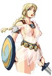  1girl areolae arikawa belt blonde_hair blue_eyes braid breasts covered_nipples erect_nipples large_breasts looking_at_viewer nipples open_mouth ponytail see-through shield single_braid solo sophitia_alexandra soul_calibur soulcalibur_iv sword weapon 