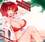 areola_slip areolae bikini blush breasts cover cover_page front-tie_top highres large_breasts looking_at_viewer mitsugi nipple_slip nipples onozuka_komachi open_clothes open_mouth open_shirt partially_submerged red_bikini red_eyes red_hair see-through shirt short_hair smile solo swimsuit touhou two_side_up water wet wet_clothes wet_shirt 