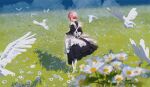  1girl absurdres alternate_costume alternate_hairstyle apron bird black_dress blue_sky blurry blurry_background blurry_foreground cloud cloudy_sky commentary_request daisy day dress enmaided facing_away field flock flower flower_field frilled_apron frills from_behind full_body grass hair_bun highres kaf_(kamitsubaki_studio) kamitsubaki_studio long_sleeves maid maid_apron outdoors pantyhose pink_hair shadow short_hair single_hair_bun skirt_hold sky solo standing suzukasuraimu twitter_username virtual_youtuber white_flower white_pantyhose 