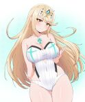  1girl bare_shoulders blonde_hair blush breasts chest_jewel cleavage cowboy_shot highres kamidan large_breasts long_hair looking_at_viewer mythra_(radiant_beach)_(xenoblade) mythra_(xenoblade) one-piece_swimsuit strapless strapless_one-piece_swimsuit swept_bangs swimsuit tiara white_one-piece_swimsuit xenoblade_chronicles_(series) xenoblade_chronicles_2 yellow_eyes 