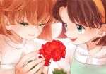  2girls blue_eyes brown_hair child close-up commentary_request dress flower green_eyes haibara_ai hair_between_eyes hairband highres light_brown_hair looking_at_another looking_at_object meitantei_conan multiple_girls red_flower shirt short_hair simple_background smile tkdn_12 white_shirt yoshida_ayumi 