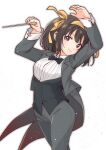  1girl arms_up baton_(conducting) black_bow black_bowtie black_jacket black_pants black_suit black_vest bob_cut bow bowtie breasts brown_eyes brown_hair closed_mouth collared_shirt commentary_request hair_ribbon hairband highres holding_baton jacket medium_hair pants ribbon shirt smile solo standing suit suzumiya_haruhi suzumiya_haruhi_no_yuuutsu taiki_(6240taiki) tuxedo vest white_shirt yellow_hairband yellow_ribbon 