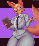 2023 5_fingers anthro artist_name big_breasts breasts canid canine claws clipboard clothing curvy_figure diane_foxington digital_drawing_(artwork) digital_media_(artwork) dominismortis dreamworks eyebrow_piercing eyelashes eyewear facial_piercing female finger_claws fingers fluffy fluffy_tail fox fur glasses hi_res huge_thighs long_tail looking_at_viewer mammal multicolored_body multicolored_fur necktie nipple_outline orange_body orange_fur pen piercing sharp_teeth simple_background smile snout solo suit tail teeth the_bad_guys thick_thighs two_tone_body two_tone_fur voluptuous watermark whiskers wide_hips yellow_eyes