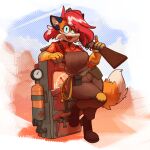 absurd_res anthro boots canid canine clothing cute_fangs dipstick_tail dispenser_(team_fortress_2) engineer_(team_fortress_2) female footwear fox gloves green_eyes gun hair handwear hi_res leaning leaning_back looking_at_viewer mammal markings pepper_(sketchytoasty) ranged_weapon red_hair shirt shotgun sketchytoasty smile smiling_at_viewer solo tail tail_markings team_fortress_2 tool_belt topwear valve weapon