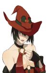  1girl absurdres bare_shoulders black_hair blue_eyes breasts choker cleavage collarbone fingerless_gloves gloves guilty_gear guilty_gear_xx hat hat_over_one_eye highres hitsuji_kusa i-no lips looking_at_viewer mole mole_above_mouth o-ring o-ring_top one_eye_covered pale_skin parted_lips red_headwear red_nails revealing_clothes short_hair simple_background solo upper_body white_background witch witch_hat 