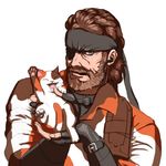  beard big_boss blue_eyes brown_hair camouflage cat earphones eyepatch facial_hair fingerless_gloves gloves headband in_palm male_focus metal_gear_(series) metal_gear_solid sheath solo ton_(toongwoo) 