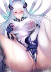  1girl :o ass_visible_through_thighs azur_lane blush breasts cable commentary_request covered_navel covered_nipples female_masturbation fingering fingering_through_clothes hair_between_eyes hair_ornament highres jacket kearsarge_(azur_lane) large_breasts leotard long_hair masturbation masturbation_day mechanical_gloves motion_lines nipple_stimulation nipple_tweak nipples open_mouth purple_eyes pussy_juice see-through semi3_3 solo sweat taut_leotard thighhighs thong_leotard through_clothes white_background white_hair white_jacket white_leotard white_thighhighs 